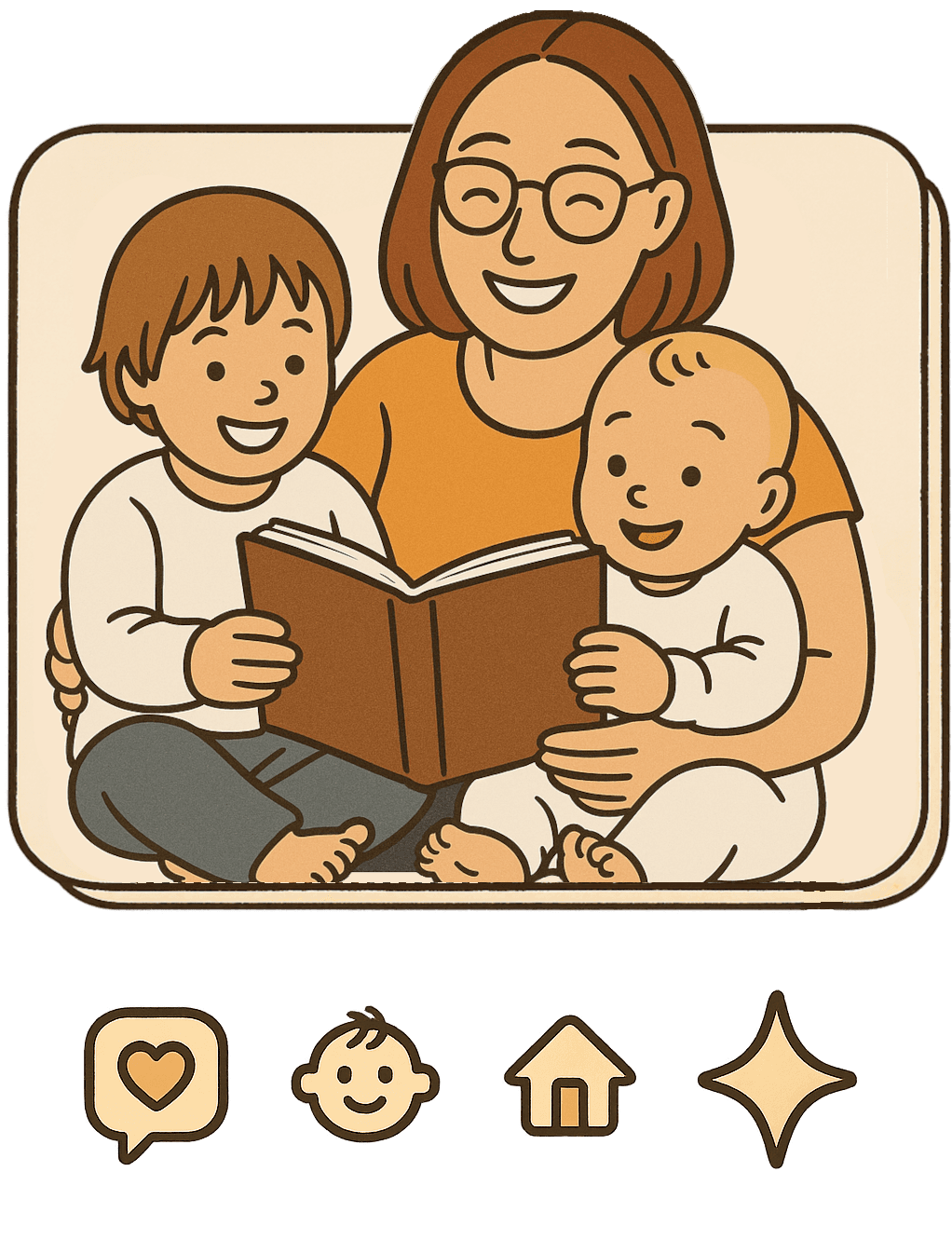 Nanny with two children reading a book, with care-related icons